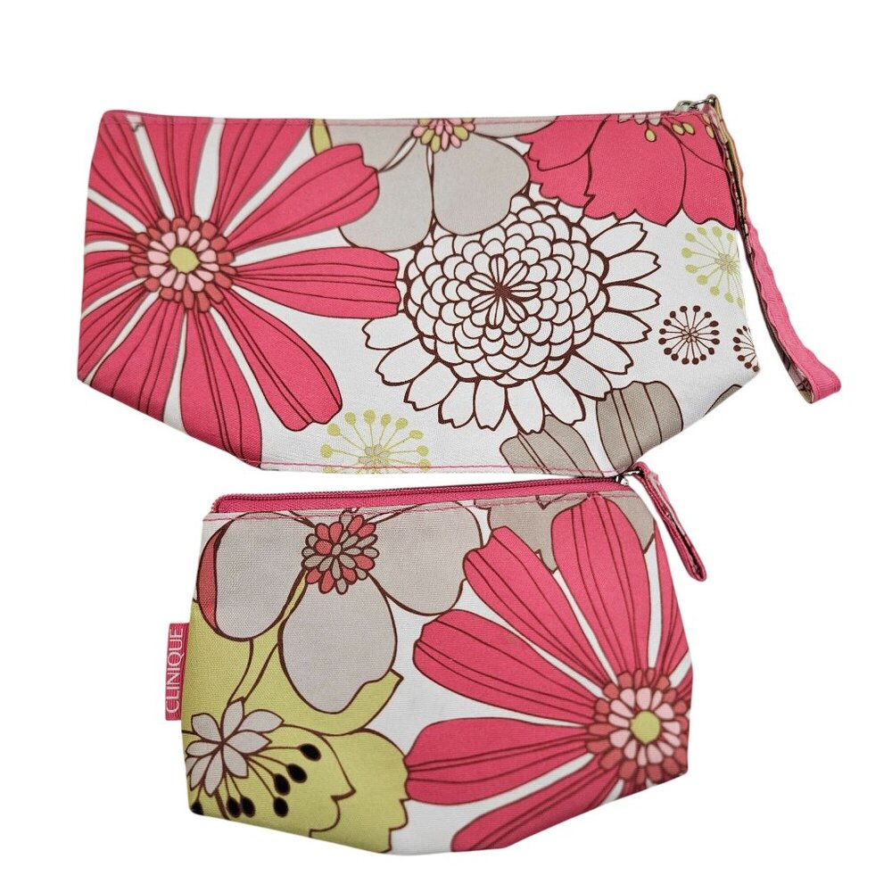 Clinique Cosmetic Bag Set Of 2 Zipper Closure Lined Beige Pink Floral Pattern